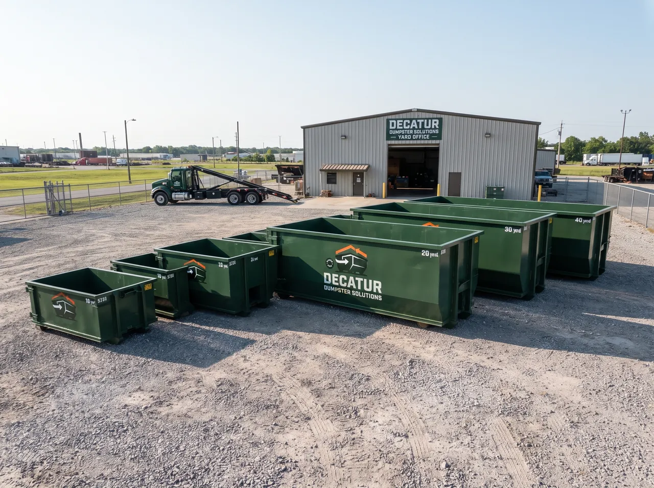Green roll-off dumpsters at a commercial business yard in Decatur, Illinois