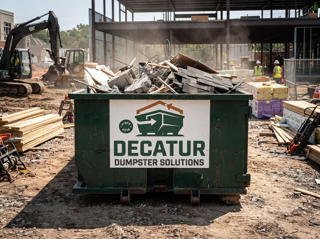 Green roll-off dumpster available for rental in Forsyth, Illinois
