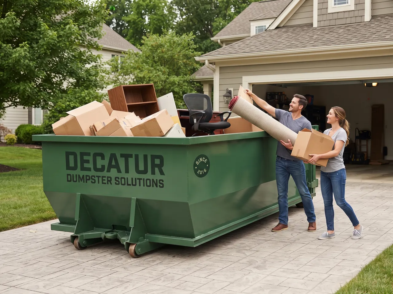 Green roll-off dumpster on a Decatur home driveway during a garage cleanout