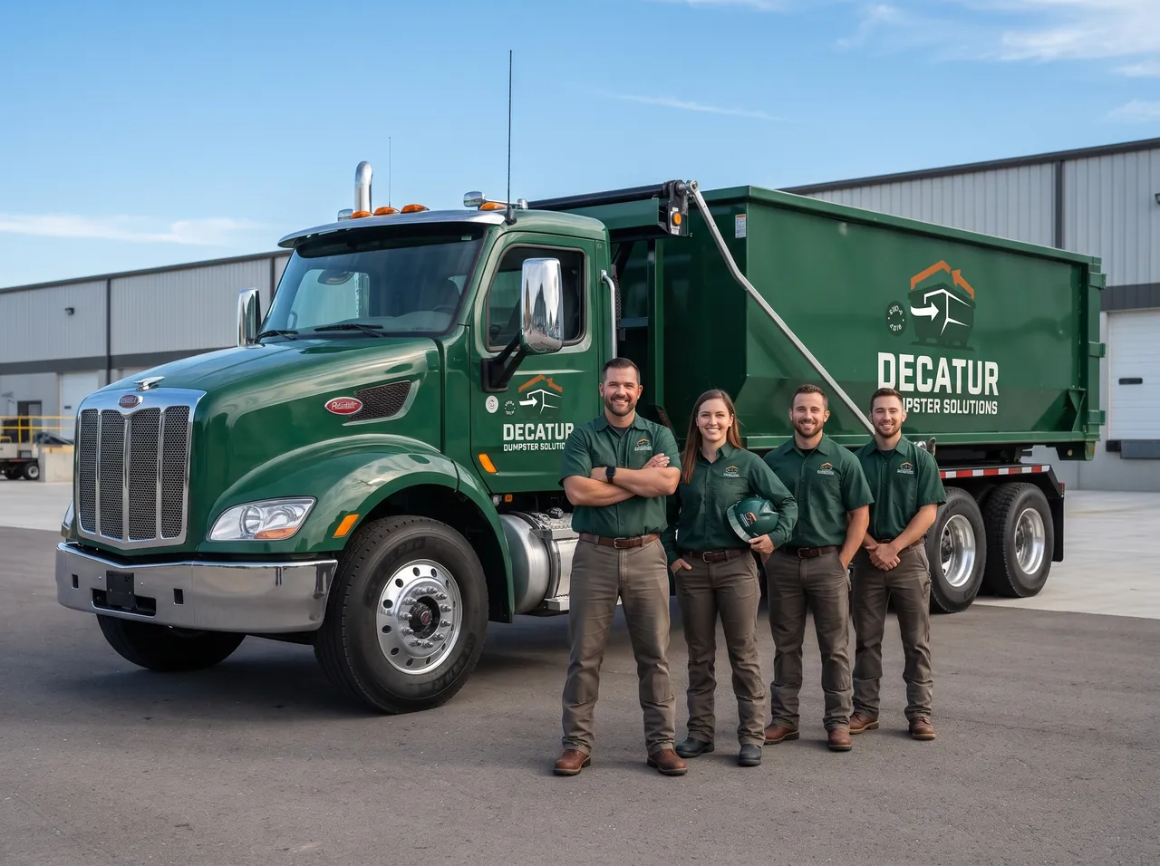 Green roll-off dumpster available for rental in Maroa, Illinois